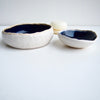 navy and white pottery soap dishes side view
