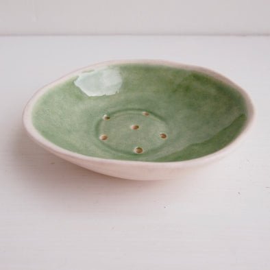 mini celadon green  pottery soap dish side view