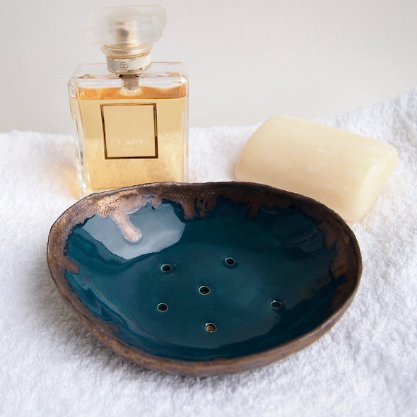 teal and gold oval soap dish
