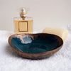 teal and gold ceramic oval soap dish with perfume