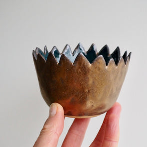 Handmade spiky top gold and teal  ceramic planter bowl