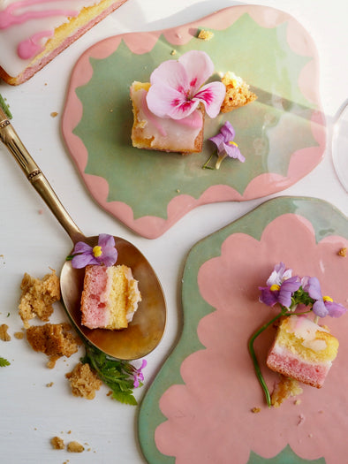 Handmade mini pink and turquoise scalloped design curvy ceramic platters