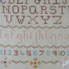 Vintage embroidery sampler with alphabet and tree in frame