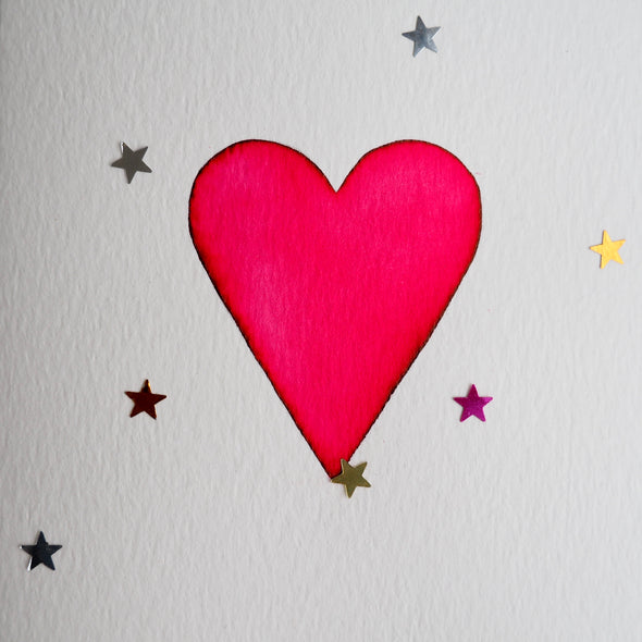 Watercolour red heart Valentines day card with glitter stars