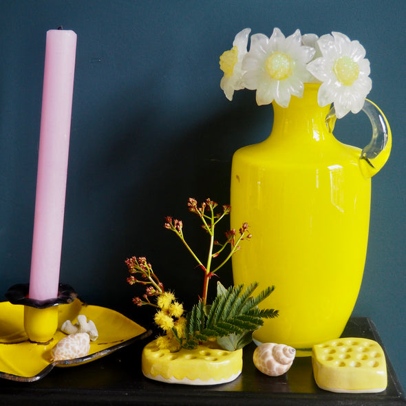 Handmade yellow gloss pottery flower arrangement vase frog